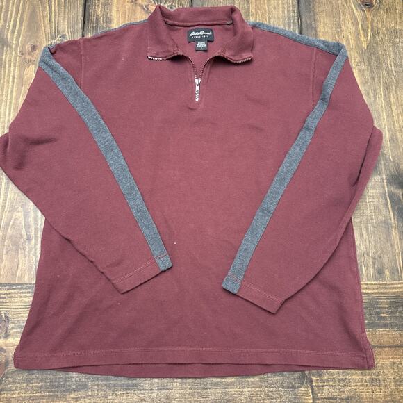Men’s Large Eddie Bauer Maroon 1/4 Zip Pullover Sweater, Grey Accents, Cotton - Picture 1 of 5